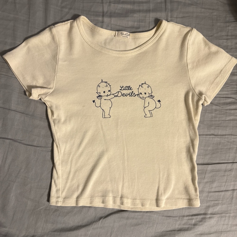 Brandy Melville Cream Graphic Tee with Little Devils Design